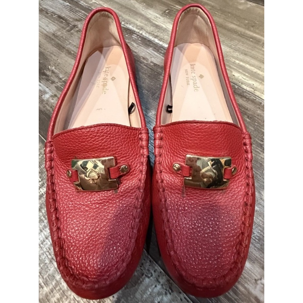 Kate Spade Carmen Red Pebbled Leather Driving Loafers Gold Logo Women's 7B